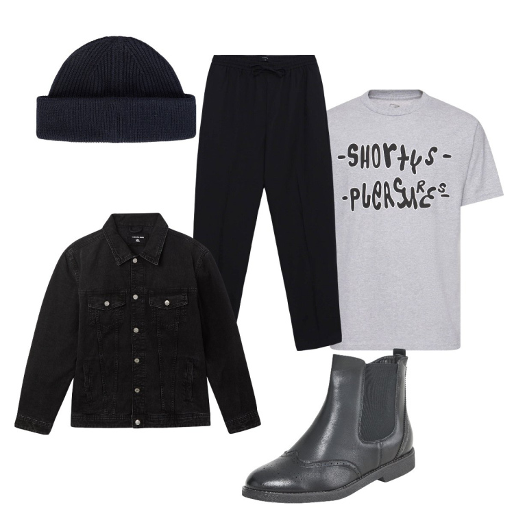 Outfit uomo - Total black. Stile Urban per Tutti i giorni. Abbinamento con stivali e stivaletti, giacche, pantaloni, berretti, t-shirt.