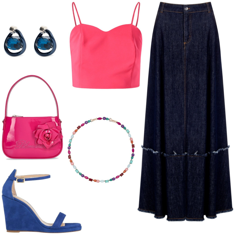 Outfit donna - Gonnellone di jeans. Stile Glamour per Serata fuori. Abbinamento con sandali in pelle, collane, gonne, top, borse a mano, orecchini.