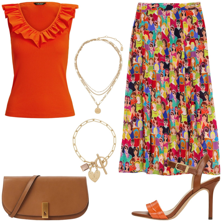 Outfit donna - Gonna fantasia. Stile Casual chic per Tutti i giorni. Abbinamento con gonne lunghe, ciondoli, top, sandali in pelle, clutch, braccialetti.