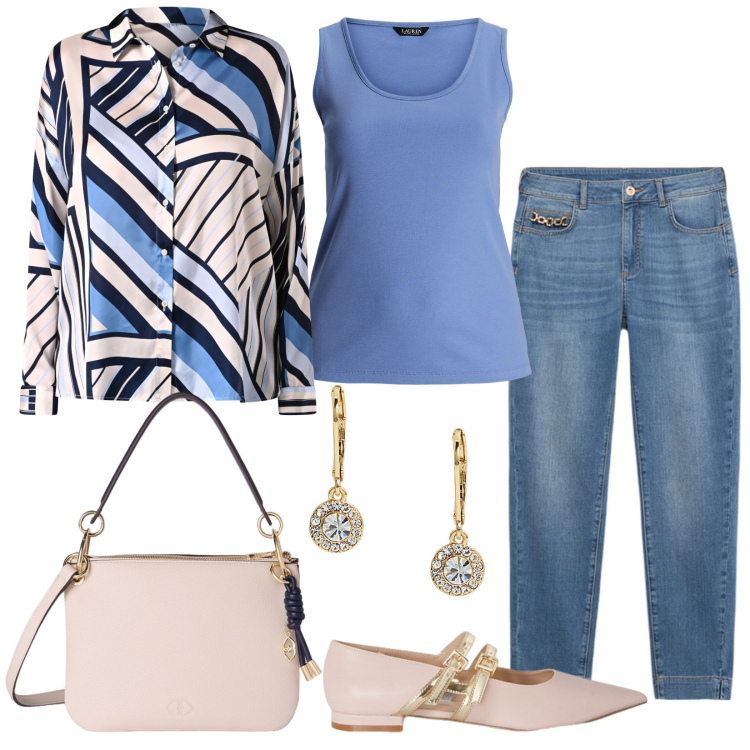 Outfit donna - Combinazioni. Stile Trendy per Tutti i giorni. Abbinamento con camicie, canottiere, orecchini, ballerine, borse a tracolla, jeans skinny.