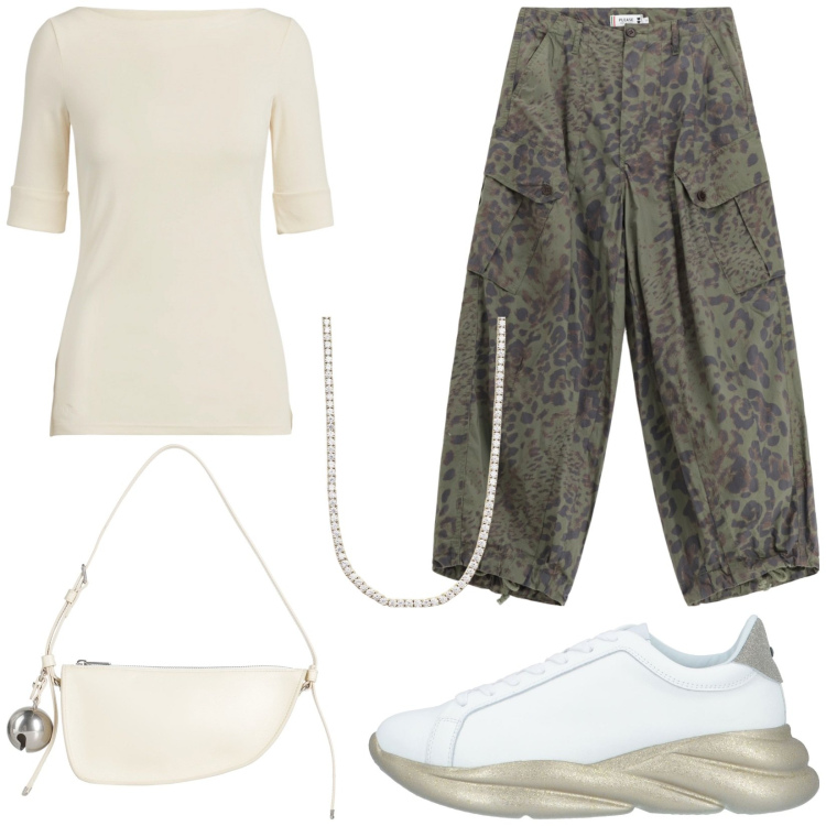 Outfit donna - Stile comfy. Stile Casual per Tutti i giorni. Abbinamento con borse a mano, sneakers, collane, pantaloni cargo, t-shirt.