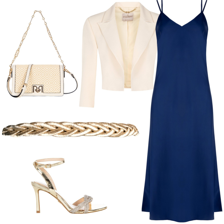 Outfit donna - Cerimonia. Stile Chic per Cerimonia. Abbinamento con bolero, borse a tracolla, sandali col tacco, vestiti lunghi, cinture.