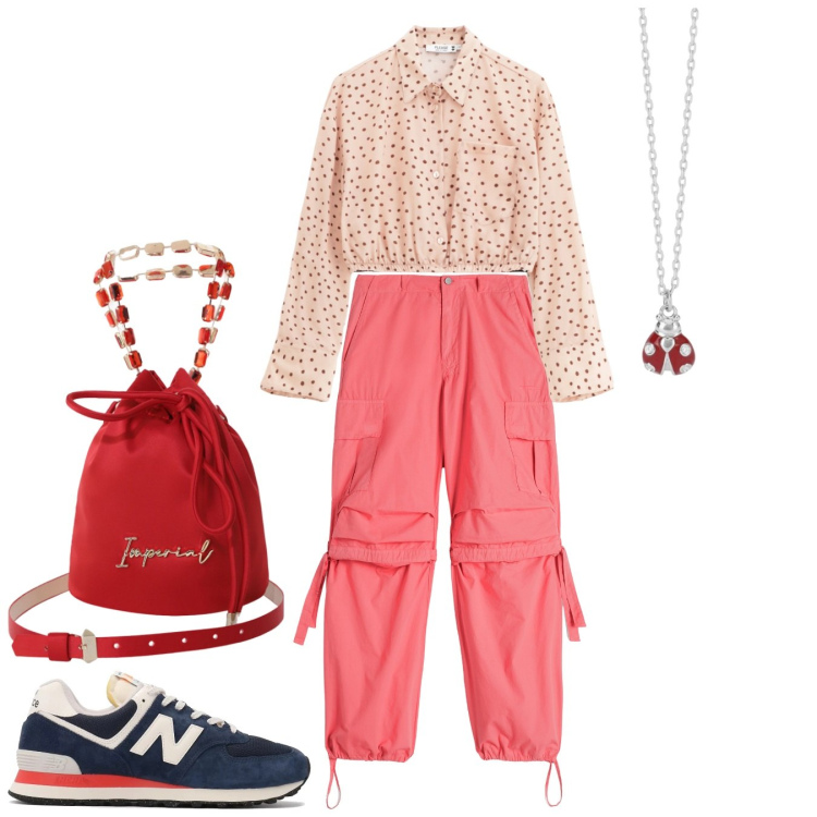 Outfit donna - Contrasti. Stile Sporty chic per Tutti i giorni. Abbinamento con camicie, collane, sneakers, borse a secchiello, pantaloni cargo.