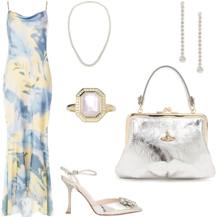 Outfit donna - Festa di laurea di mia figlia. Stile Glamour per Serata fuori. Abbinamento con décolleté, anelli, vestiti lunghi, collane, orecchini, borse a mano.