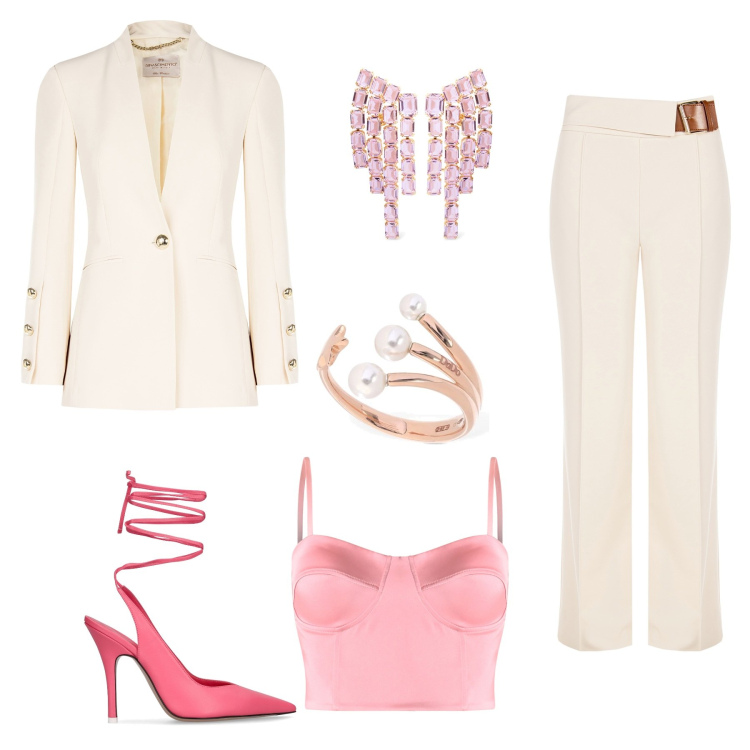 Outfit donna - Essenziale. Stile Romantica per Cerimonia. Abbinamento con canottiere, pantaloni, blazer, anelli, décolleté, orecchini.