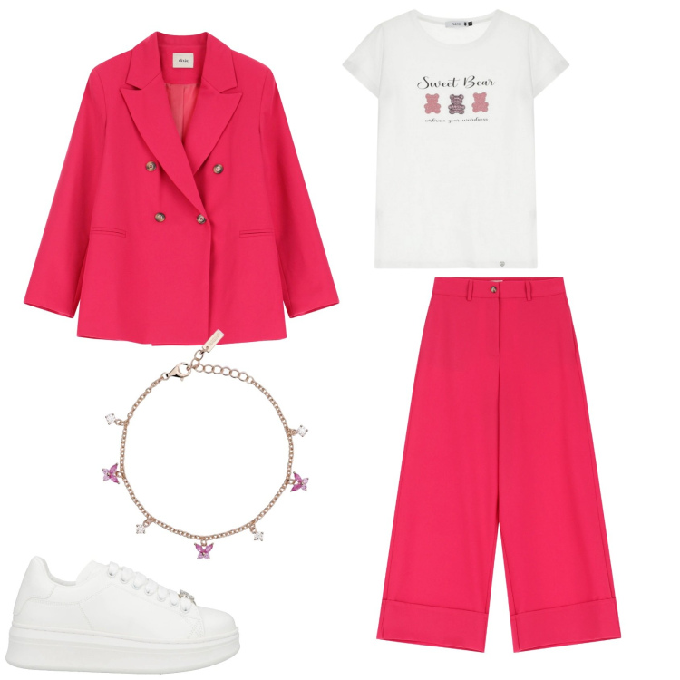Outfit donna - Casual chic. Stile Casual chic per Ufficio. Abbinamento con sneakers, braccialetti, t-shirt, pantaloni a palazzo, blazer.