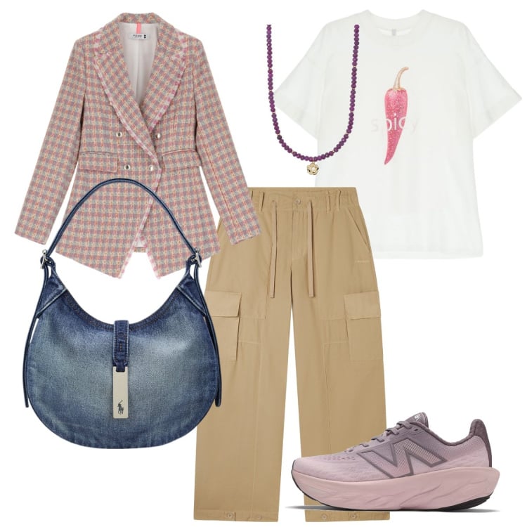 Outfit donna - Mix. Stile Casual chic per Tutti i giorni. Abbinamento con blazer, collane, sneakers, t-shirt, pantaloni cargo, borse a spalla.