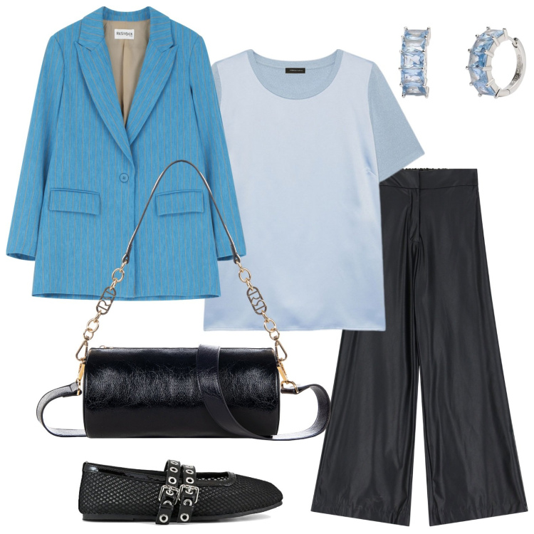 Outfit donna - Casual chic in primavera. Stile Casual per Serata fuori. Abbinamento con orecchini, borse a mano, pantaloni a palazzo, blazer, t-shirt, ballerine.