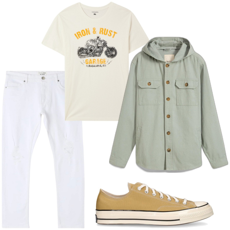 Outfit uomo - Total look #2106277. Stile Trendy per Tutti i giorni. Abbinamento con cappotti, jeans strappati, t-shirt, sneakers.