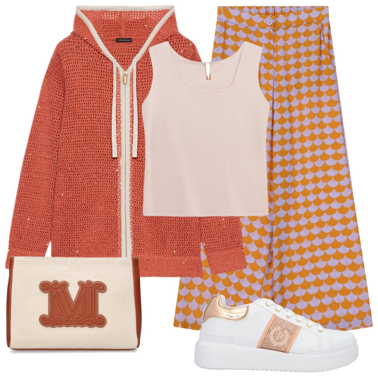 Outfit donna - Hai detto arancio???. Stile Casual chic per Tutti i giorni. Abbinamento con sneakers, canottiere, pantaloni a palazzo, cardigans, pochette.