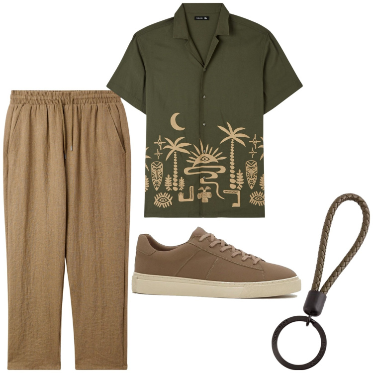 Outfit uomo - Pomeriggio al parco. Stile Casual per Tutti i giorni. Abbinamento con sneakers, camicie a manica corta, pantaloni, portachiavi.