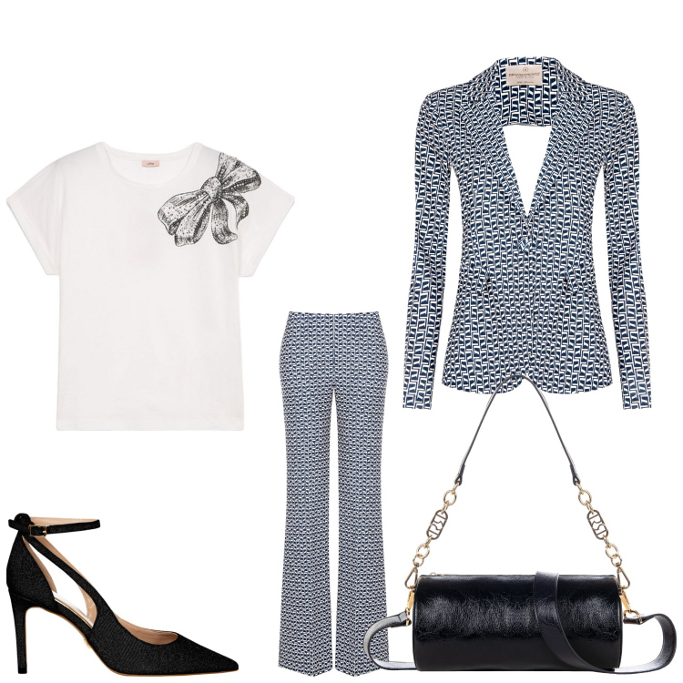 Outfit donna - Fiocchi e fantasia. Stile Chic per Serata fuori. Abbinamento con blazer, pantaloni, borse a mano, décolleté, t-shirt.