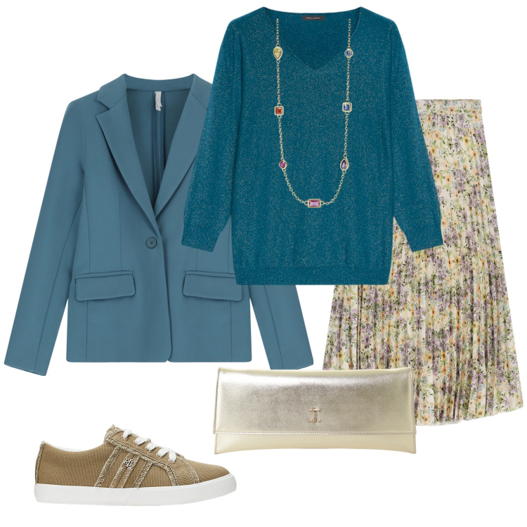 Outfit donna - Casual chic. Stile Casual chic per Tutti i giorni. Abbinamento con collane, blazer, pochette, gonne lunghe, sneakers, maglieria.