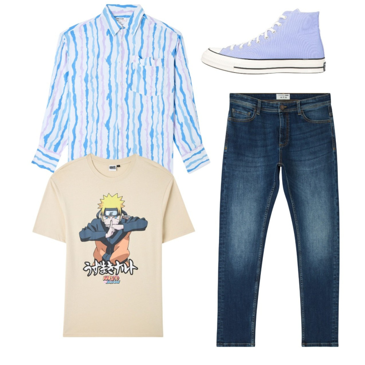 Outfit uomo - Azzurro casual. Stile Casual per Tutti i giorni. Abbinamento con sneakers alte, t-shirt, camicie, jeans skinny.
