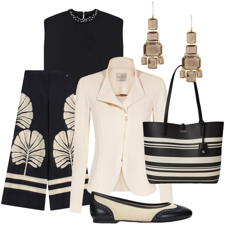 Outfit donna - A tono. Stile Casual chic per Tutti i giorni. Abbinamento con blazer, top, pantaloni a palazzo, ballerine, borse tote, orecchini.