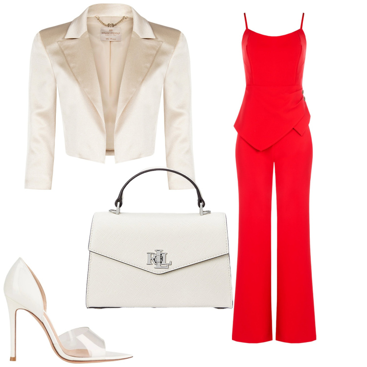 Outfit donna - Rosso jumpsuit. Stile Chic per Serata fuori. Abbinamento con décolleté, bolero, tute, borse a mano.