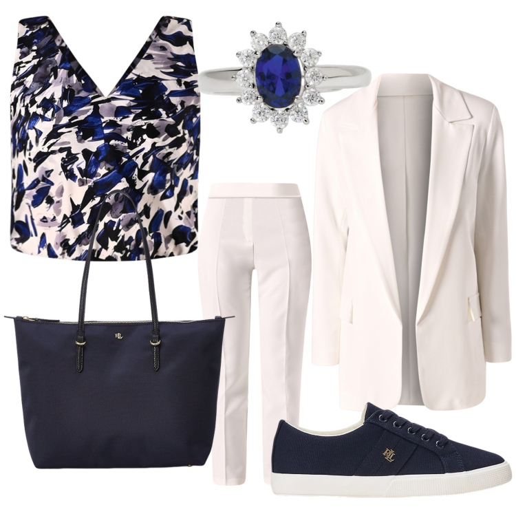 Outfit donna - Comoda eleganza. Stile Minimal per Tutti i giorni. Abbinamento con anelli, blazer, pantaloni, top, sneakers, borse tote.