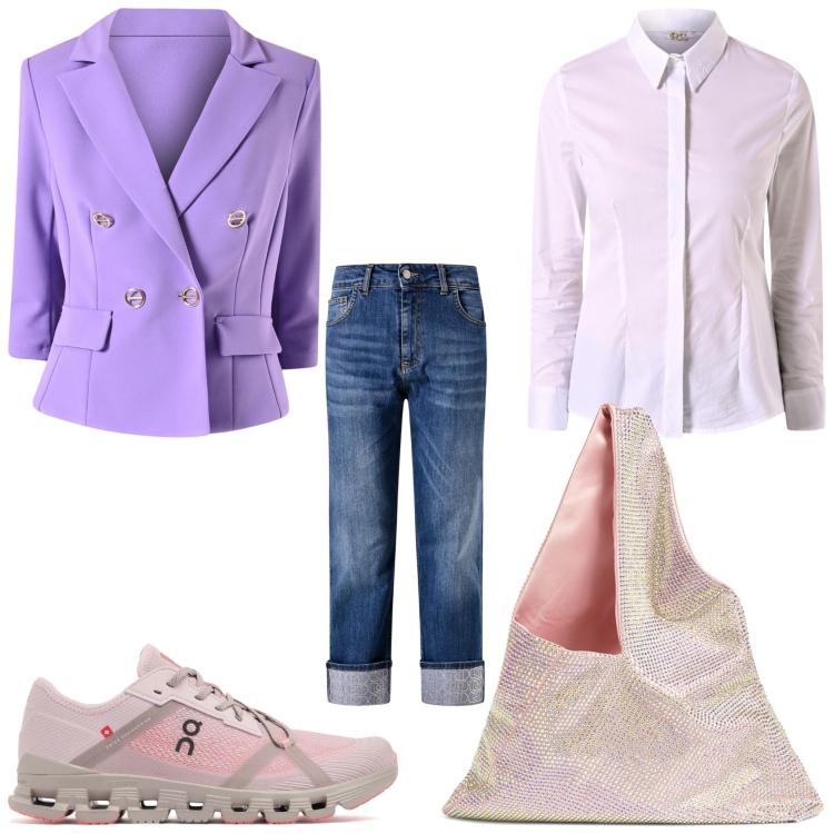 Outfit donna - Villa casual. Stile Casual per Tutti i giorni. Abbinamento con jeans dritti, camicie, blazer, sneakers, borse a spalla.