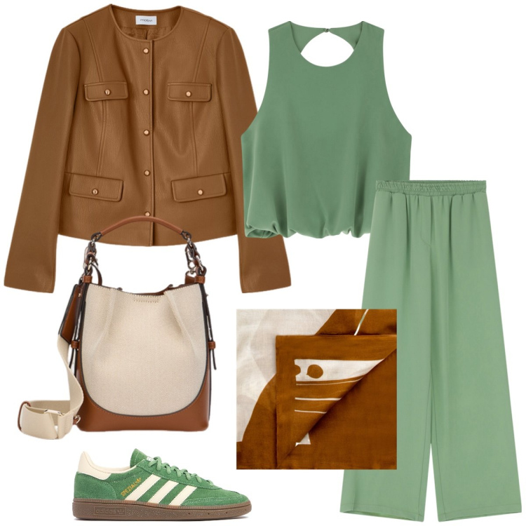 Outfit donna - In città. Stile Sporty chic per Tutti i giorni. Abbinamento con sciarpe, pantaloni a palazzo, top, sneakers, borse a mano, blazer.
