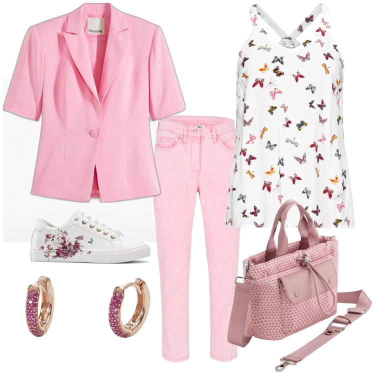 Outfit donna - Rosa in libertà. Stile Glamour per Tutti i giorni. Abbinamento con top, pantaloni, blazer, sneakers, orecchini, borse a mano.