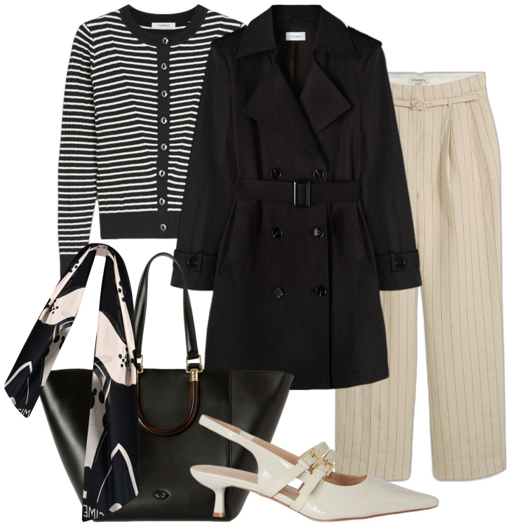 Outfit donna - Tempo di trench. Stile Casual chic per Tutti i giorni. Abbinamento con pantaloni, sciarpe, trench, décolleté, shopping bag, cardigans.