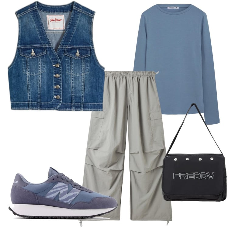 Outfit donna - Total look #2106341. Stile Urban per Scuola/Università. Abbinamento con gilet, pantaloni cargo, t-shirt, sneakers, borse messenger.