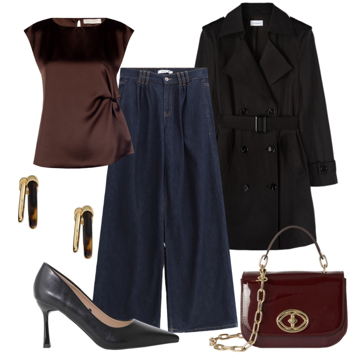 Outfit donna - Trench di sera. Stile Casual chic per Serata fuori. Abbinamento con top, jeans, décolleté, orecchini, trench, borse a tracolla.