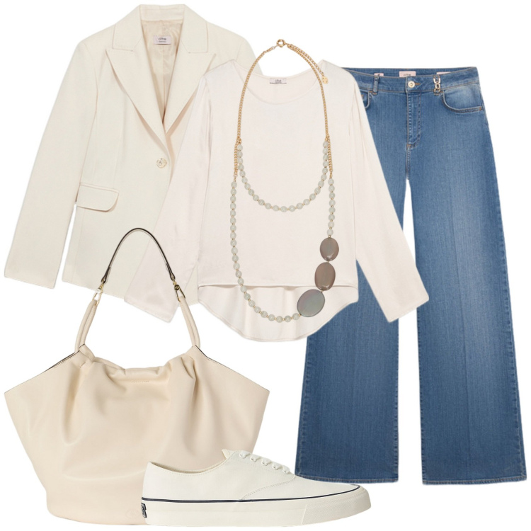 Outfit donna - Minimal chic. Stile Casual chic per Tutti i giorni. Abbinamento con sneakers, bluse, jeans, blazer, collane, borse a secchiello.
