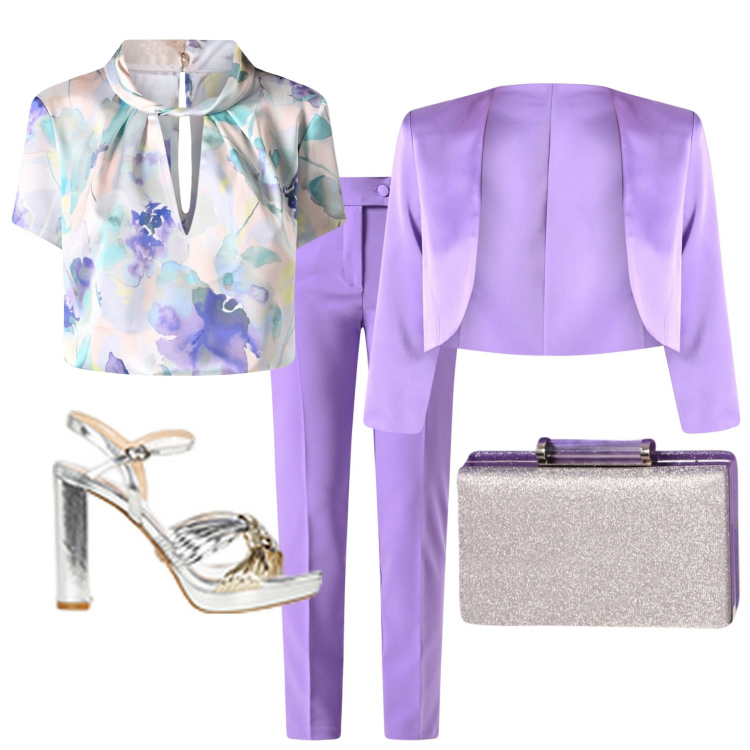 Outfit donna - Battesimo così. Stile Chic per Cerimonia. Abbinamento con pantaloni, bolero, bluse, pochette, sandali in pelle.