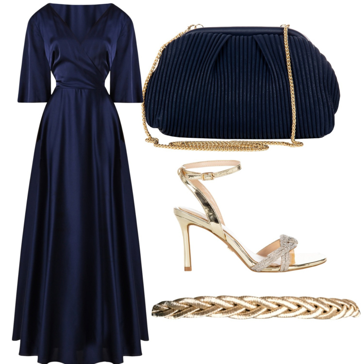 Outfit donna - Blu serata. Stile Chic per Serata fuori. Abbinamento con pochette, vestiti midi/longuette, cinture, sandali col tacco.