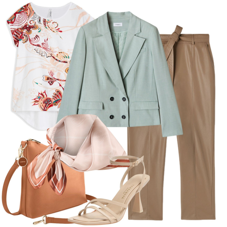 Outfit donna - Verde pastello e toni naturali. Stile Urban per Tutti i giorni. Abbinamento con maglieria, sandali col tacco, foulard, borse a tracolla, pantaloni, blazer.