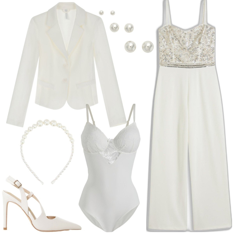 Outfit donna - Matrimonio civile. Stile Chic per Cerimonia. Abbinamento con tute, body, blazer, décolleté, cerchietti, orecchini.