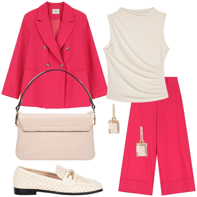 Outfit donna - Casual chic in primavera. Stile Minimal per Serata fuori. Abbinamento con pantaloni a palazzo, blazer, mocassini, orecchini, top, borse a tracolla.