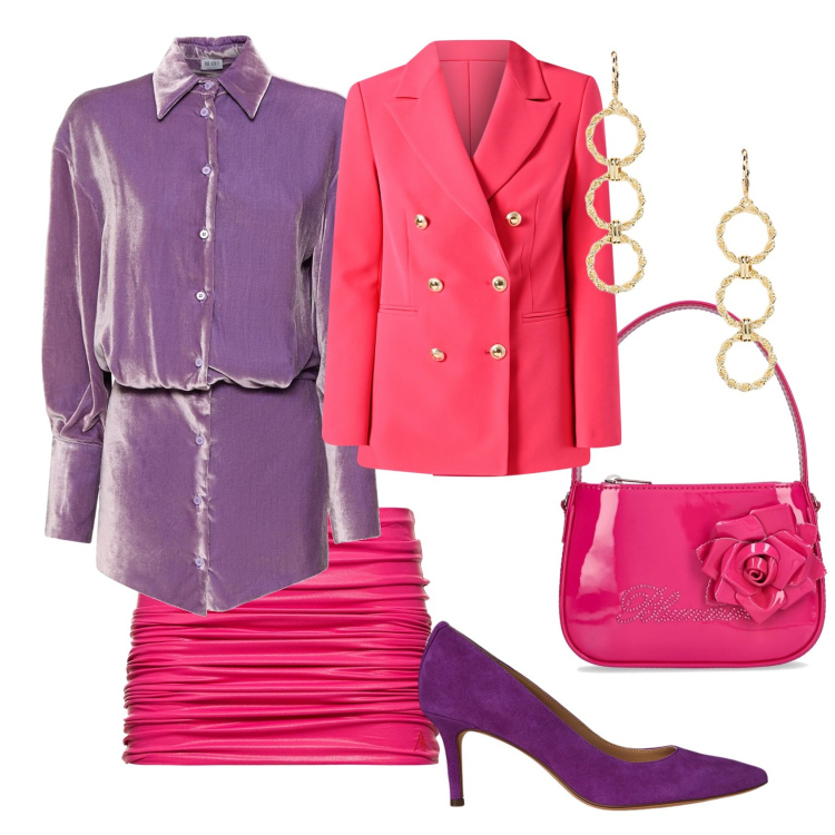 Outfit donna - Bold colors. Stile Glamour per Serata fuori. Abbinamento con blazer, décolleté, orecchini, borse a mano, vestiti, minigonne.