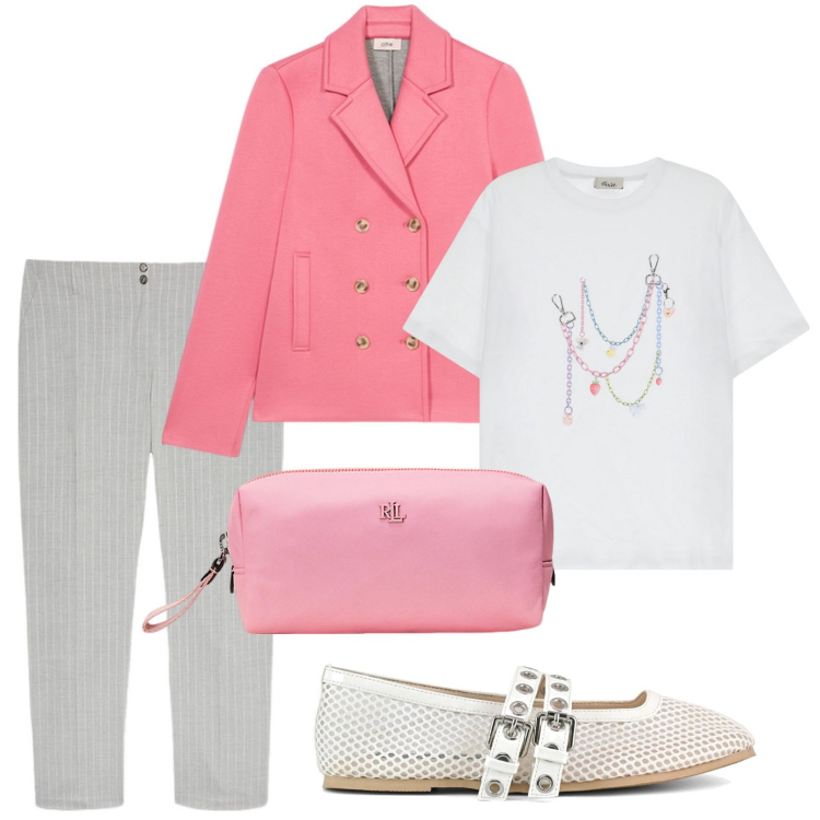 Outfit donna - T-shirt con stampa catene. Stile Minimal per Ufficio. Abbinamento con t-shirt, pochette, ballerine, pantaloni, blazer.
