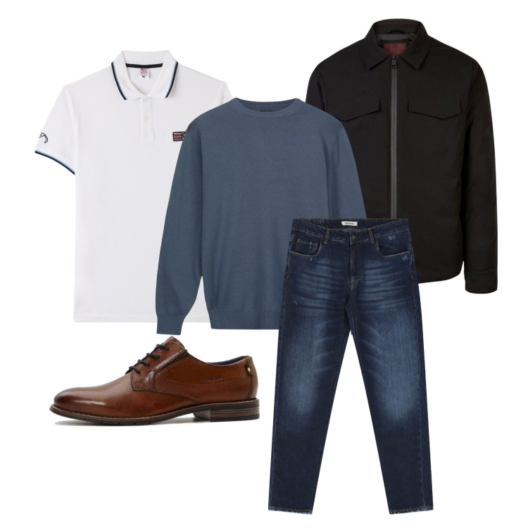 Outfit uomo - Mens casual. Stile Casual Abbinamento con scarpe stringate, polo, jeans dritti, maglieria, piumini.