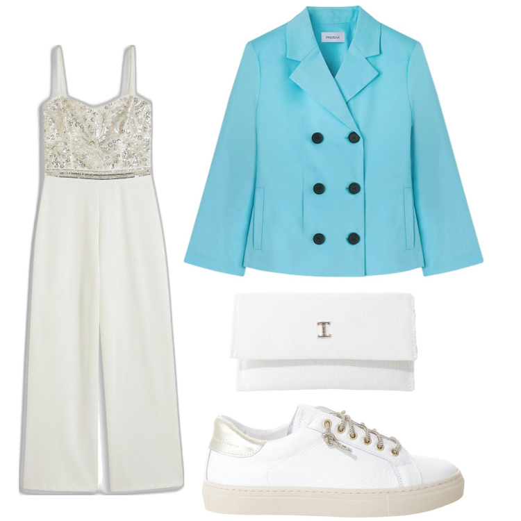 Outfit donna - Perle e blazer. Stile Glamour per Serata fuori. Abbinamento con tute, borse a tracolla, sneakers, blazer.