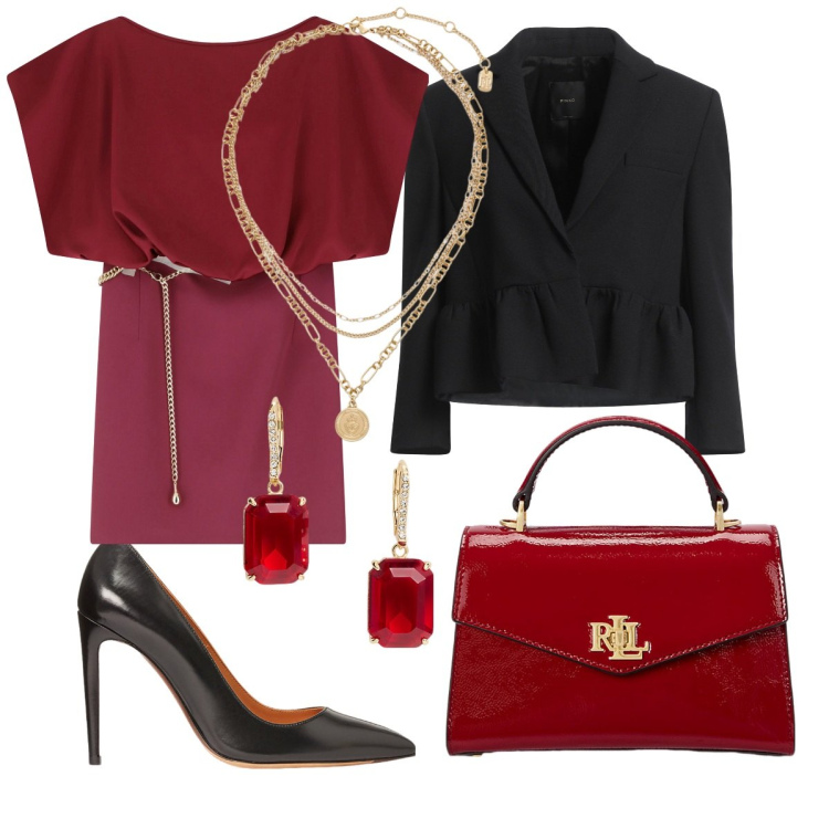 Outfit donna - Seratissima Glamour. Stile Glamour per Cerimonia. Abbinamento con blazer, vestiti corti, ciondoli, décolleté, borse a mano, orecchini.