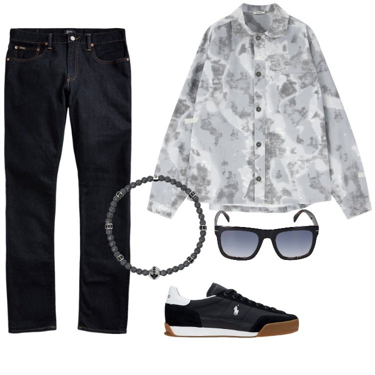 Outfit uomo - Camicia con motivo mimetico. Stile Trendy per Tutti i giorni. Abbinamento con braccialetti, camicie, jeans, sneakers, occhiali da sole.