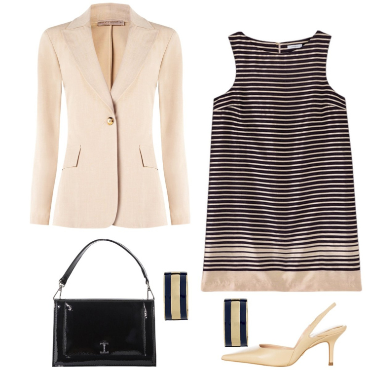 Outfit donna - Pranzo in città. Stile Chic per Tutti i giorni. Abbinamento con borse a tracolla, blazer, décolleté, orecchini, vestiti a tubino.