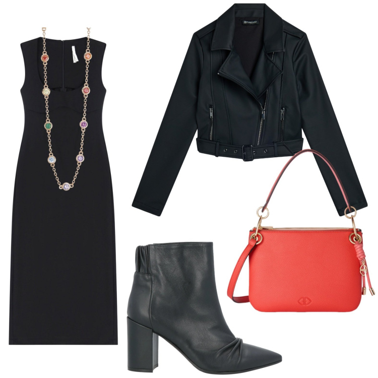 Outfit donna - Tubino classico. Stile Chic per Serata fuori. Abbinamento con stivaletti, collane, vestiti midi/longuette, giacche, borse a tracolla.