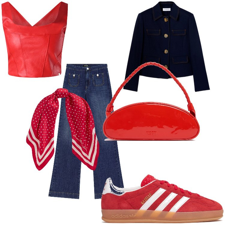 Outfit donna - Red(y). Stile Casual per Tutti i giorni. Abbinamento con top, jeans a zampa, foulard, sneakers, borse a spalla, blazer.