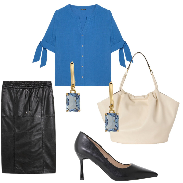 Outfit donna - Gonna in pelle. Stile Minimal per Ufficio. Abbinamento con gonne longuette, décolleté, orecchini, camicie, borse a secchiello.