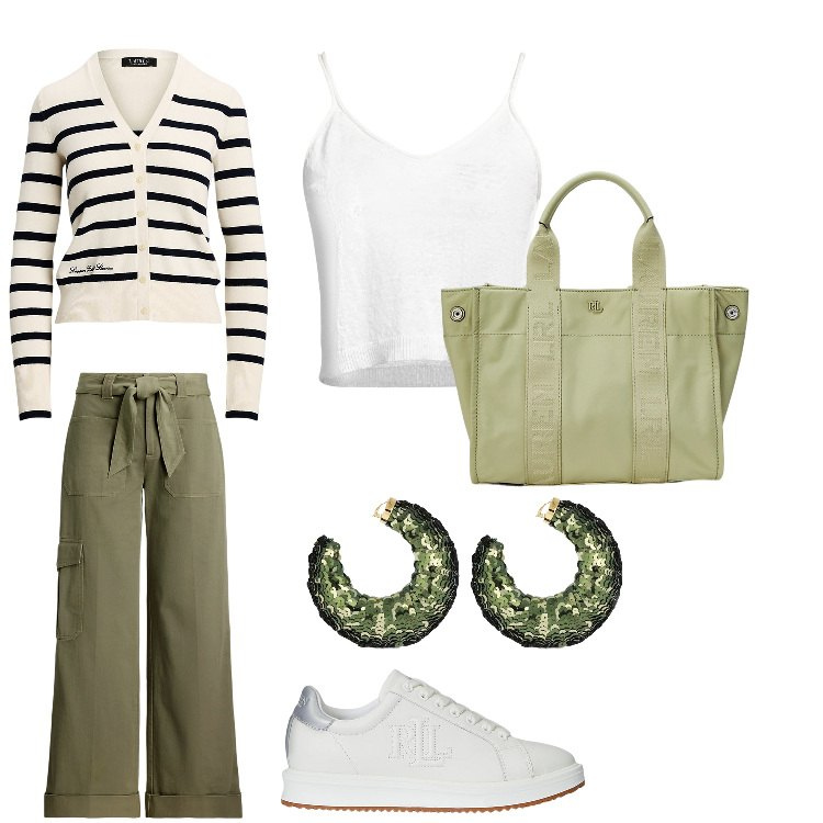 Outfit donna - Sopra le righe. Stile Casual per Tutti i giorni. Abbinamento con top, sneakers, pantaloni cargo, cardigans, borse tote, orecchini.