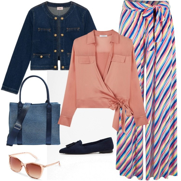 Outfit donna - Disinvolta primavera. Stile Casual chic per Tutti i giorni. Abbinamento con occhiali da sole, pantaloni a palazzo, mocassini, shopping bag, blazer, camicie.