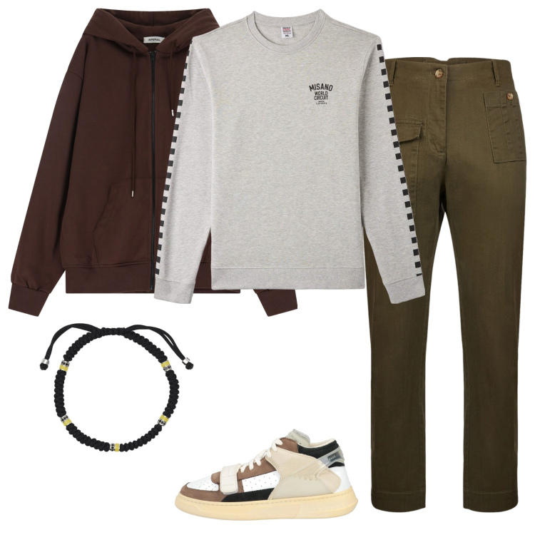 Outfit uomo - In caminare. Stile Casual per Sport. Abbinamento con sneakers alte, felpe, braccialetti, felpe con cappuccio, pantaloni.