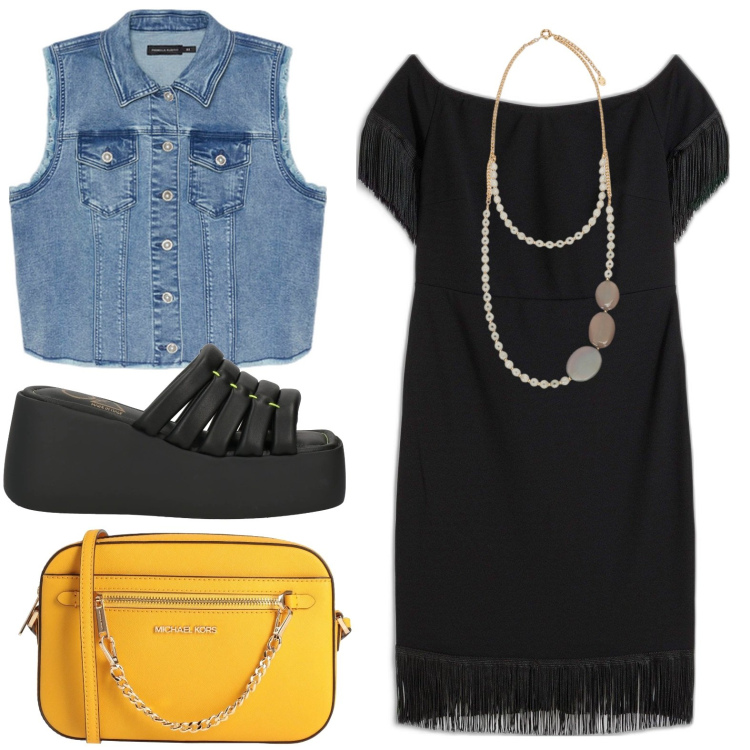 Outfit donna - Gilet in denim. Stile Glamour per Tutti i giorni. Abbinamento con vestiti, borse a tracolla, sandali in pelle, gilet, collane.