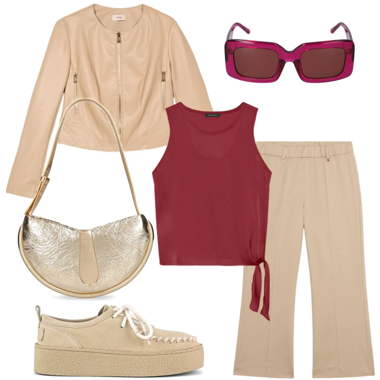 Outfit donna - Beige e bordeaux. Stile Minimal per Tutti i giorni. Abbinamento con mocassini, giacche, occhiali da sole, pantaloni, top, borse a spalla.