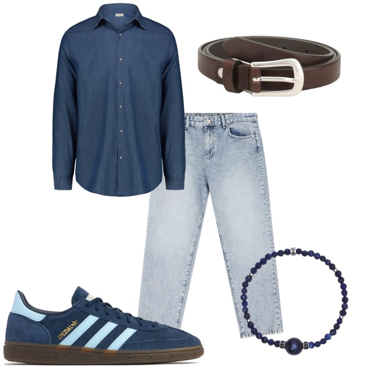 Outfit uomo - La pizza con amici. Stile Urban per Tutti i giorni. Abbinamento con braccialetti, jeans dritti, cinture, camicie, sneakers.