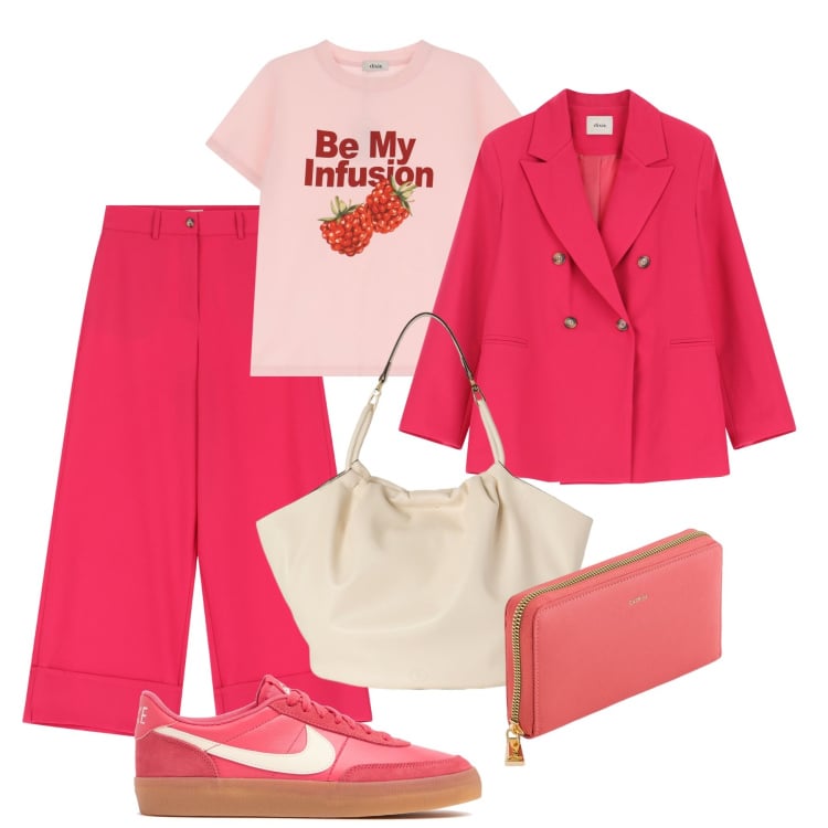 Outfit donna - Vivace in fucsia e fragola. Stile Casual chic per Tutti i giorni. Abbinamento con blazer, pantaloni a palazzo, t-shirt, sneakers, portafogli, borse a secchiello.